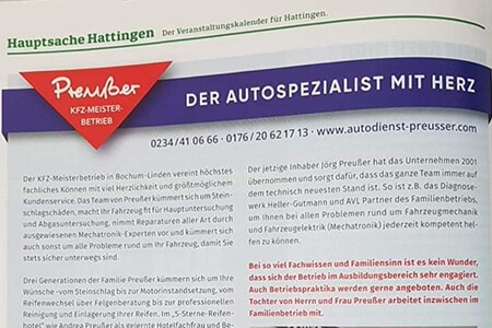 Anzeige für Autodienst Preußer im Veranstaltungskalender für Hattingen